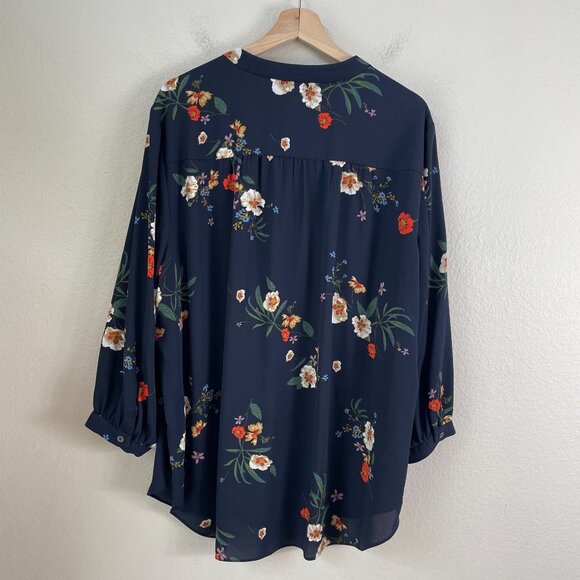 Vince Camuto Womens Plus 3X Navy Floral Blouse V Neck Long Sleeve Tunic Top - Picture 9 of 10
